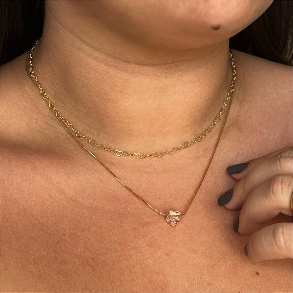 Colar Duplo Coração e Correntinha Coração Rosa Folheado a Ouro 18k