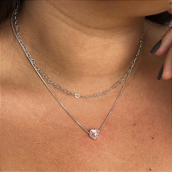 Colar Duplo Coração e Correntinha Coração Rosa Folheado a Prata 925