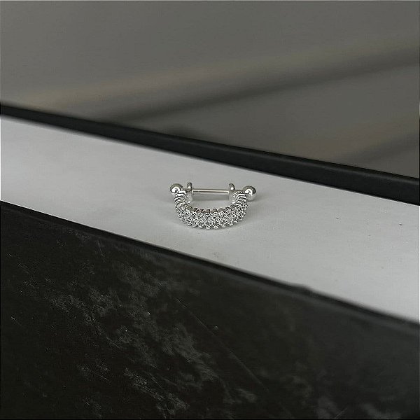 Piercing Meia Argola Bastão 12mm 2 Fios Cravejados Folheado a Prata 925