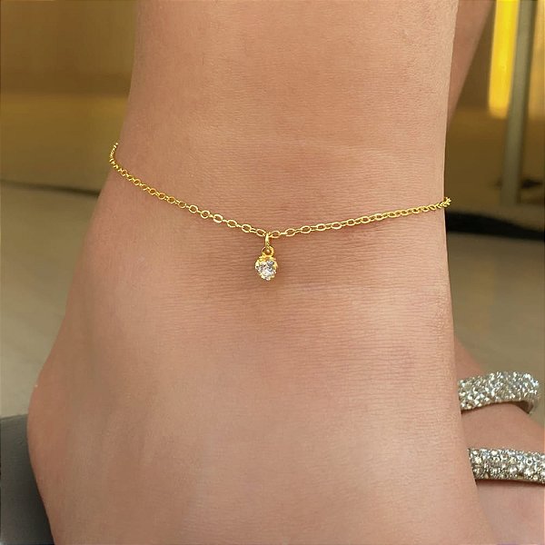 Tornozeleira Correntinha pingente de Coração Zircônia  Folheado a Ouro 18k
