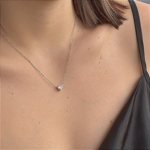 Colar Correntinha Ponto de Luz em Formato de Coração M Cristal Folheado a Ouro 18K