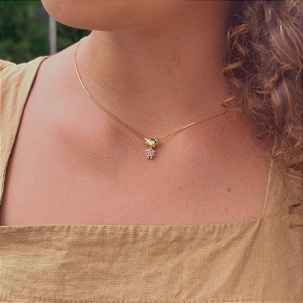Colar Menina Zircônia Rosa Folheado a Ouro 18K