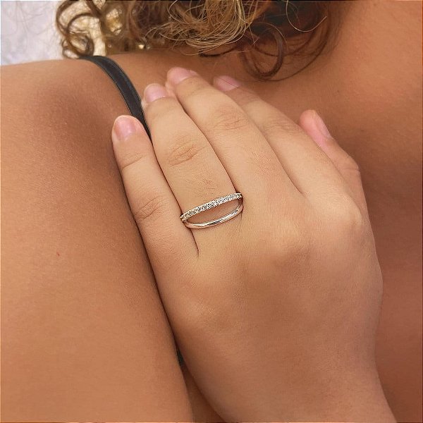 Anel Duplo Fio Liso e Cravejado Folheado a Prata 925