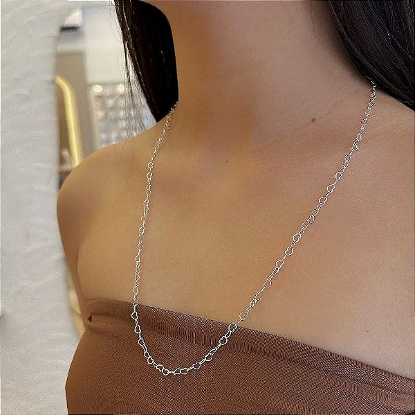 Colar Longo Elo Coração Vazado Folheado a Prata 925