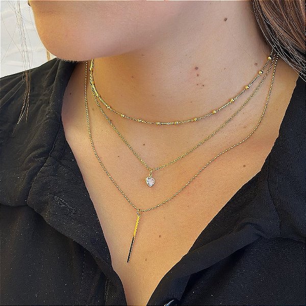 Colar Triplo Bolinhas Coração Zircônia e Palito Folheado a Ouro 18K
