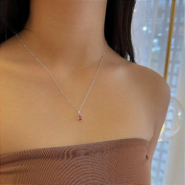 Colar Gota Rosa Zircônia Galeria Folheado a Prata 925