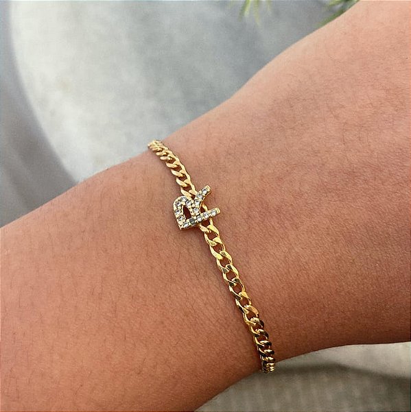 Pulseira Personalizada Groumet Com Letra Cravejado Folheado a Ouro 18K