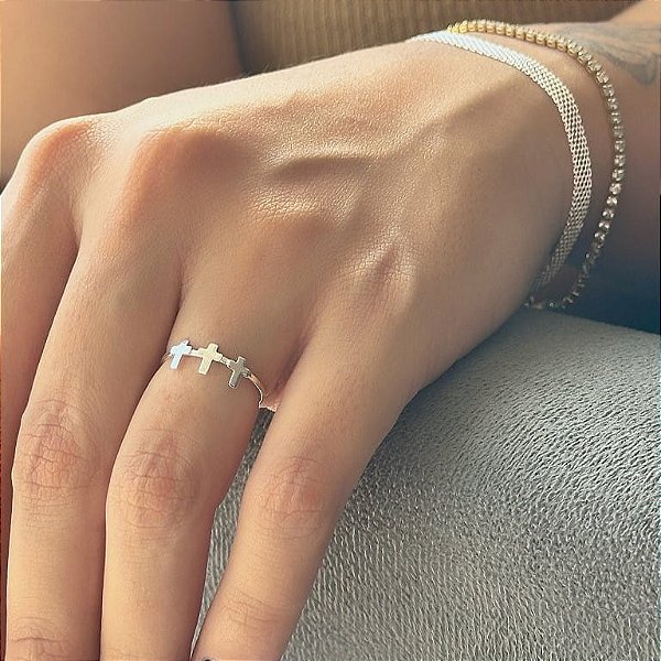 Anel Aro 3 Cruzes Lisas Folheado a Prata 925