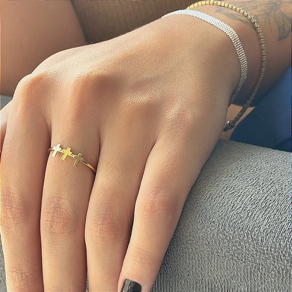 Anel Aro 3 Cruzes Lisas Folheado a Ouro 18k