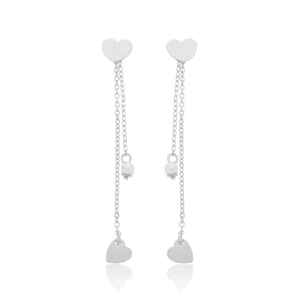 Brinco Coração 2 Fios Pingente Coração E Pérola Folheado a Prata 925