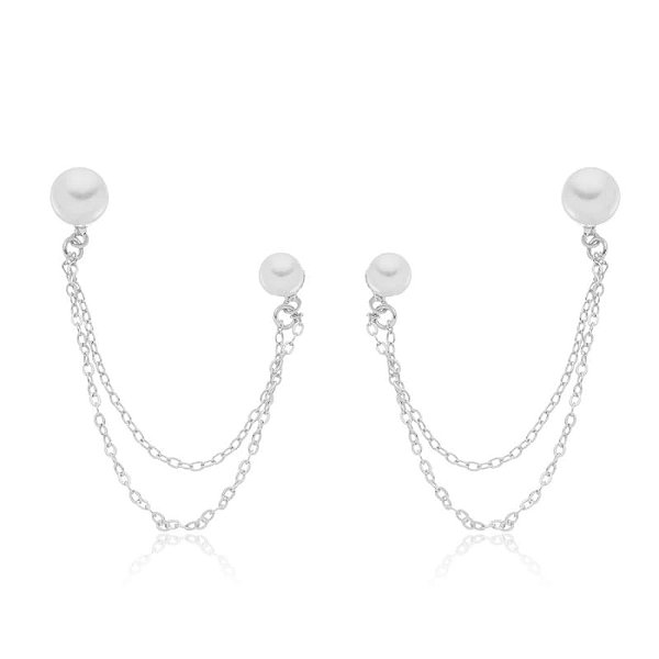 Brinco Pérola Dupla Correntinha Folheado a Prata 925
