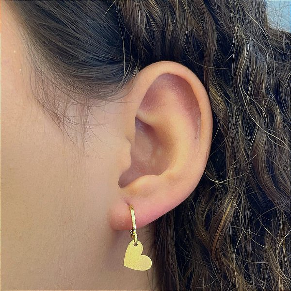 Brinco Argola Pingente Coração Liso Folheado a Ouro 18k