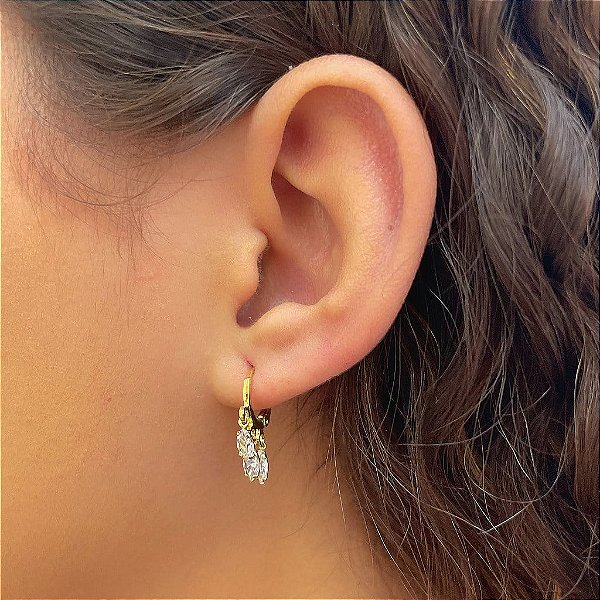 Brinco de Argola com 3 Pingentes de Navete Cristal Folheado a Ouro 18k