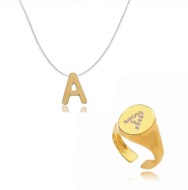 Conjunto Anel Regulável + Colar De Nylon Folheado a Ouro 18K