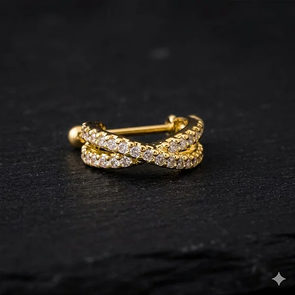 Piercing 2 em 1 Meia Argola Fios Entrelaçados Folheado a Ouro 18k
