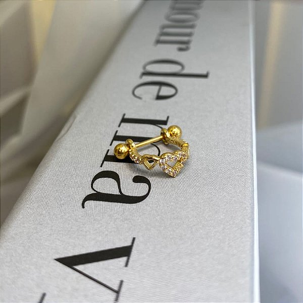 Piercing 2 em 1 Meia Argola Corações Lisos e Cravejados Folheado a Ouro 18k