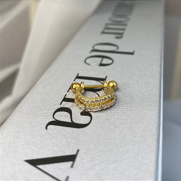 Piercing 2 em 1 Meia Argola 2 Fios Cravejados Folheado a Ouro 18k