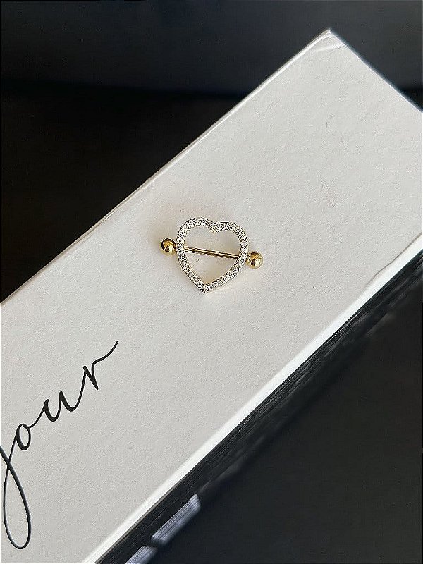 Piercing Mamilo Coração Cravejado Folheado a Ouro 18k
