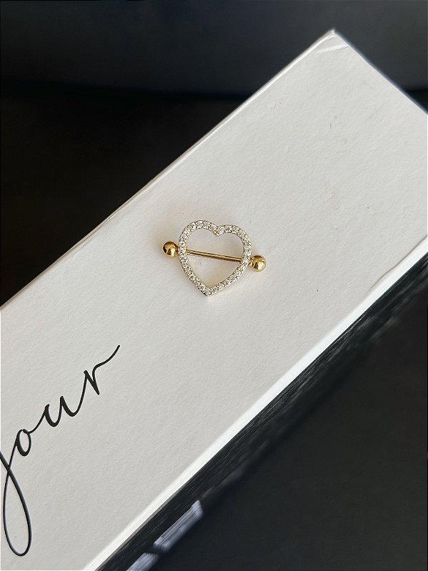 Piercing Mamilo Coração Cravejado Folheado a Ouro 18k