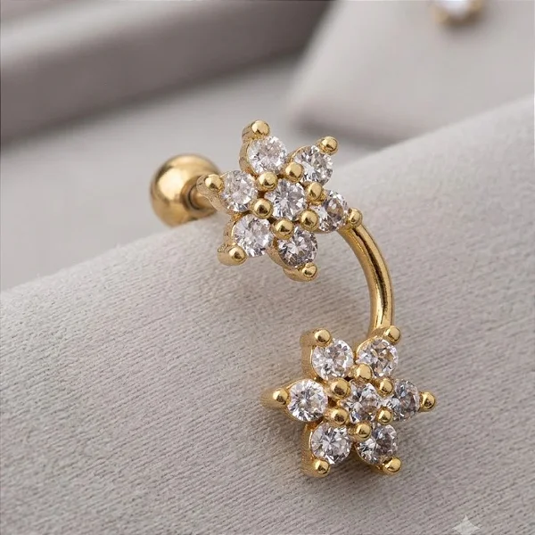 Piercing Cluster Duas Flores Cravejadas Folheado a Ouro 18k