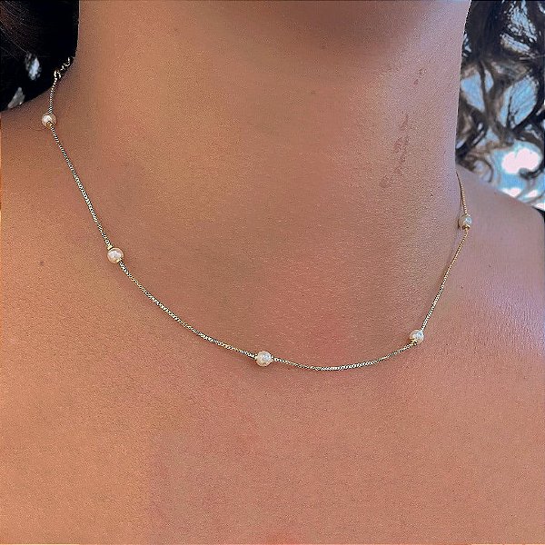 Colar 40 cm Pérolas Folheado a Ouro 18k