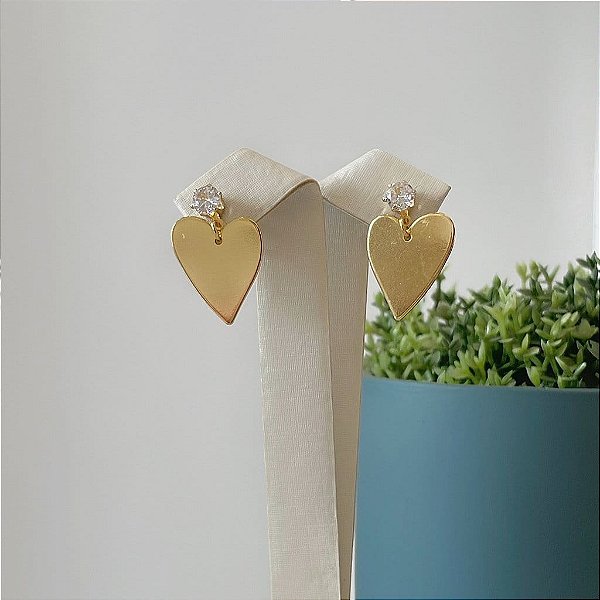 Brinco Ponto de luz e Pingente de Coração Liso Folheado a Ouro 18k