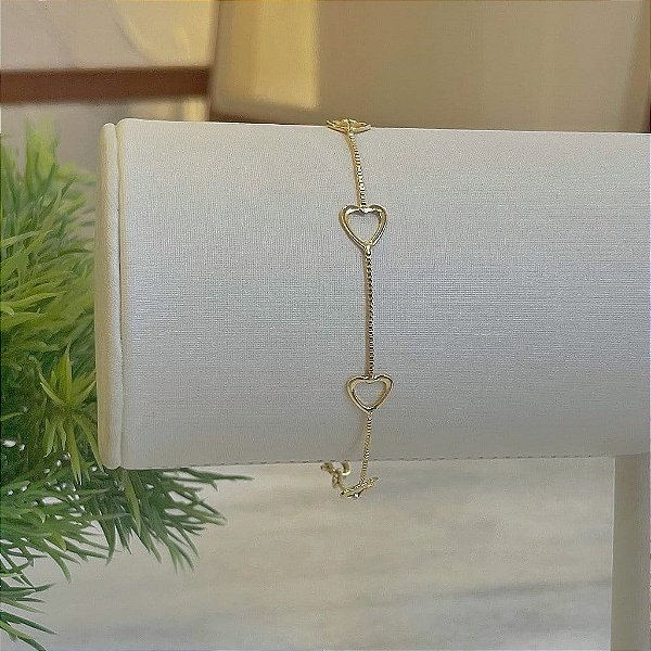 Pulseira Veneziano Corações Vazados Folheado a Ouro 18k