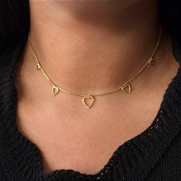 Choker Corações Vazados Soldados Folheado a Ouro 18k