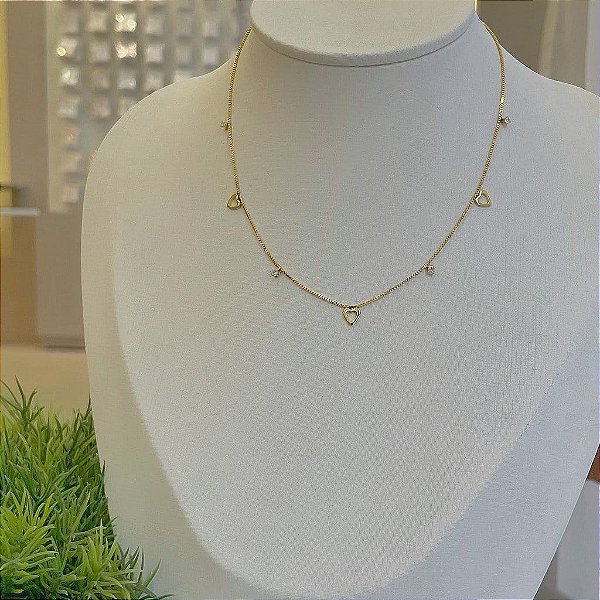 Choker Corações Vazados e Zircônias Soldados Folheado a Ouro 18k