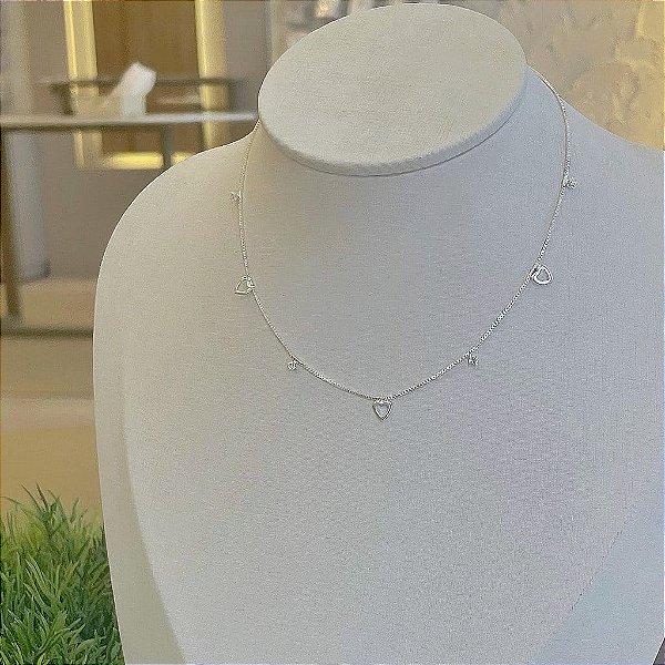 Choker Corações Vazados e Zircônias Soldados Folheado a Prata 925