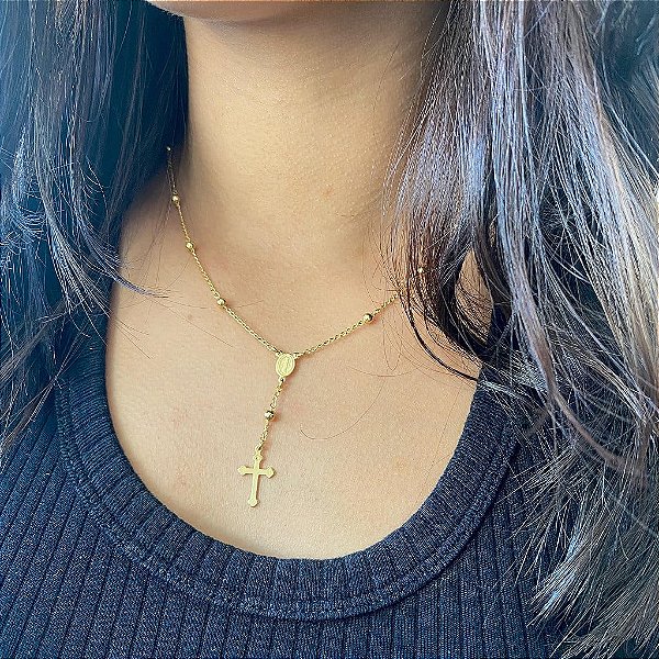 Colar Terço e Bolinhas Folheado a Ouro 18k