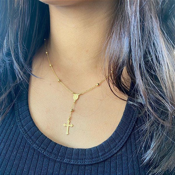 Colar Terço e Bolinhas Folheado a Ouro 18k