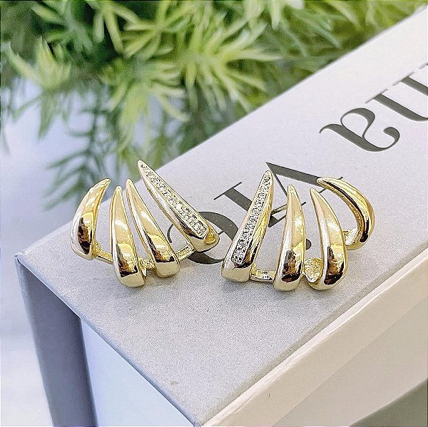 Brinco Earcuff Garras Lisas e Cravejadas Folheado a ouro 18K