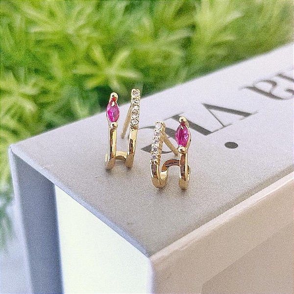 Brinco Earcuff Fio Cravejado e Fio Liso com Gota Vermelha Folheado a ouro 18K