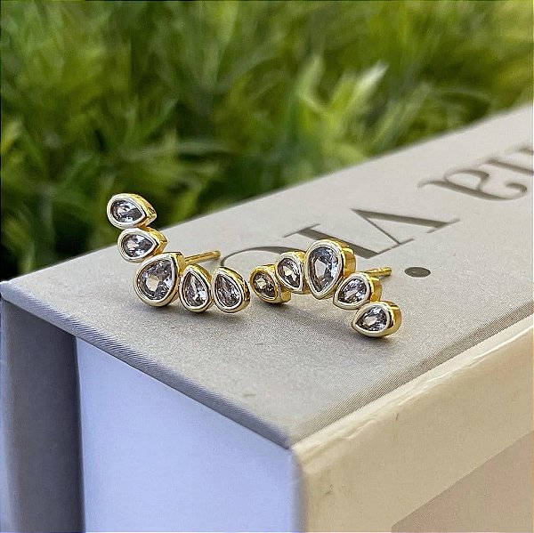Brinco Earcuff Gotas Cristal Folheado a ouro 18K