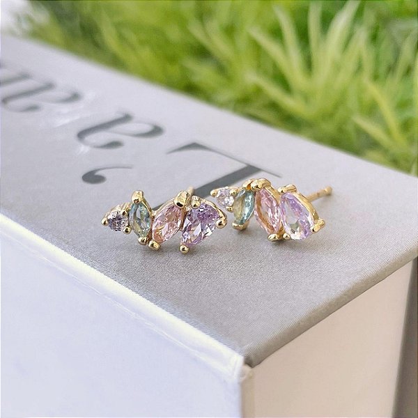 Brinco Gotas e Navetes Candy Color Folheado a ouro 18K