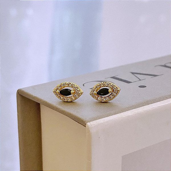 Brinco Navete Preto com Borda Cravejada Folheado a ouro 18K