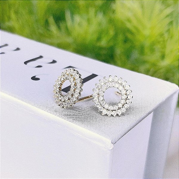 Brinco Circulo Dupla Borda Cravejada Ponteiras Folheado a ouro 18K