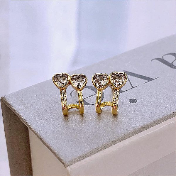 Brinco Earjacket Fio Liso e Fio Cravejado e Dois Corações Cristal Folheado a ouro 18K