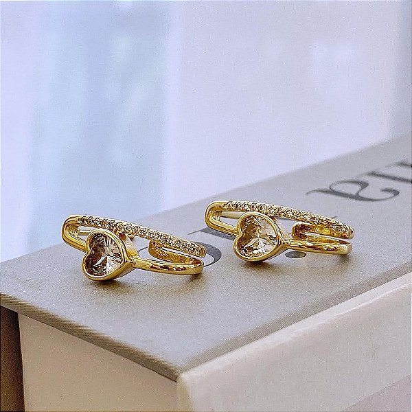 Brinco Earjacket Fio Liso e Fio Cravejado com Coração Cristal Folheado a ouro 18K