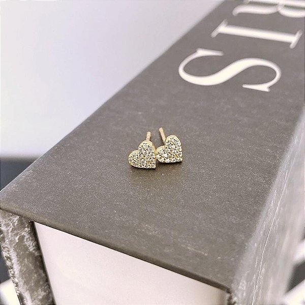 Brinco de Coração Pavê Cravejado Cristal Pequeno Folheado a ouro 18K