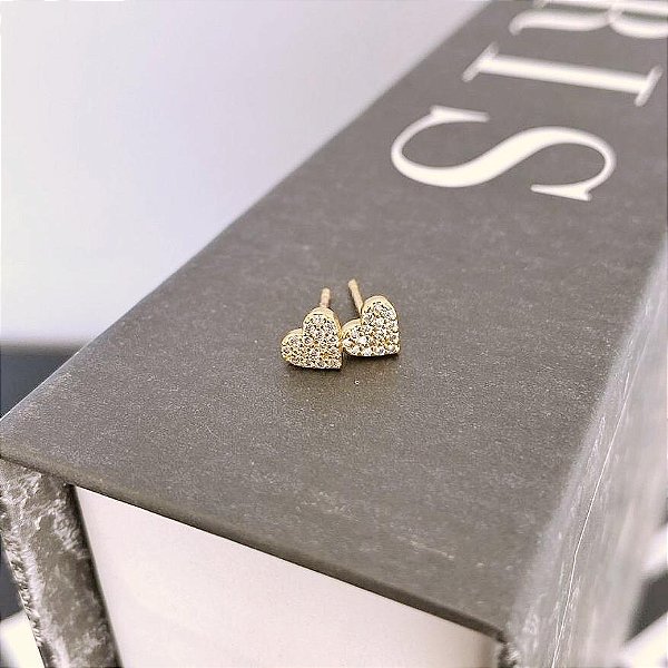 Brinco de Coração Pavê Cravejado Cristal Pequeno Folheado a ouro 18K
