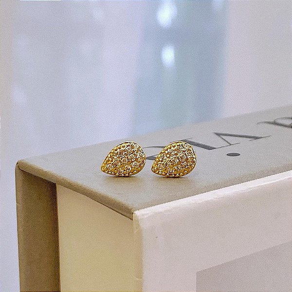Brinco de Gota Pavê Cravejada Cristal Pequena Folheada a ouro 18K