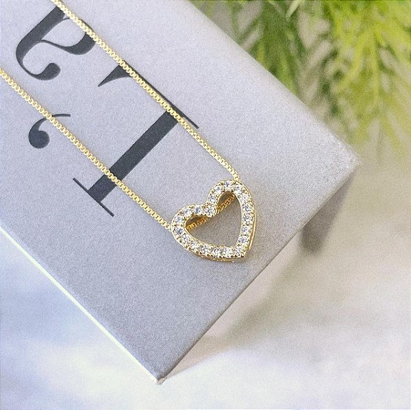 Colar de Coraçao de Galeria com Borda Cravejada Folheado a ouro 18K