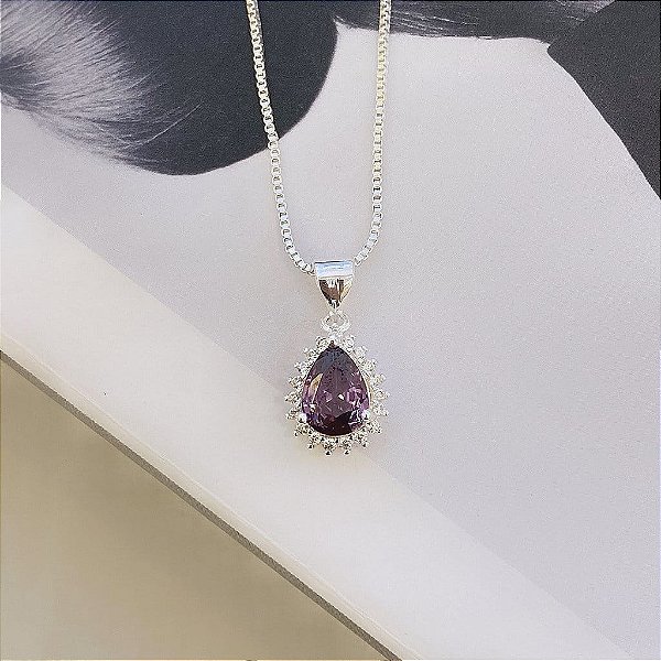 Colar Gota Zirconia Lilás e Borda Cravejada com Zirconias Cristal Folheado a Prata 925
