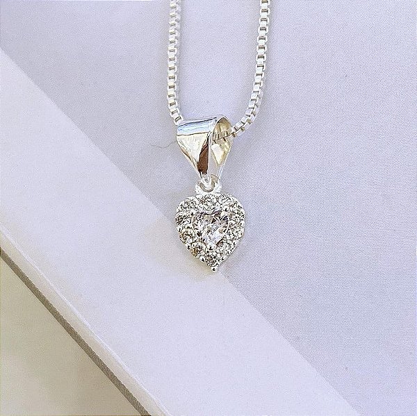Colar de Coração com Borda Cravejada e Zirconia Cristal Centro Folheado a prata 925
