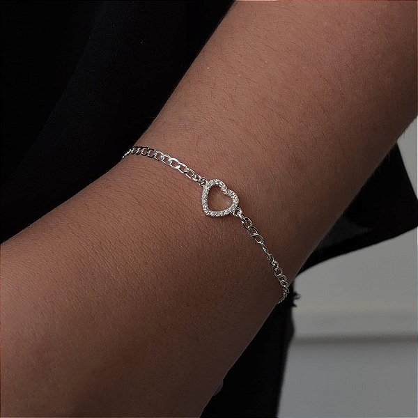 Pulseira Corrente Grumet com Coração Cravejado Vazado