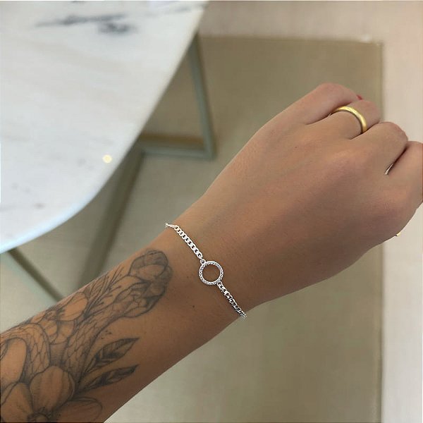 Pulseira Corrente Grumet com Circulo Cravejado Vazado Folheado a prata 925
