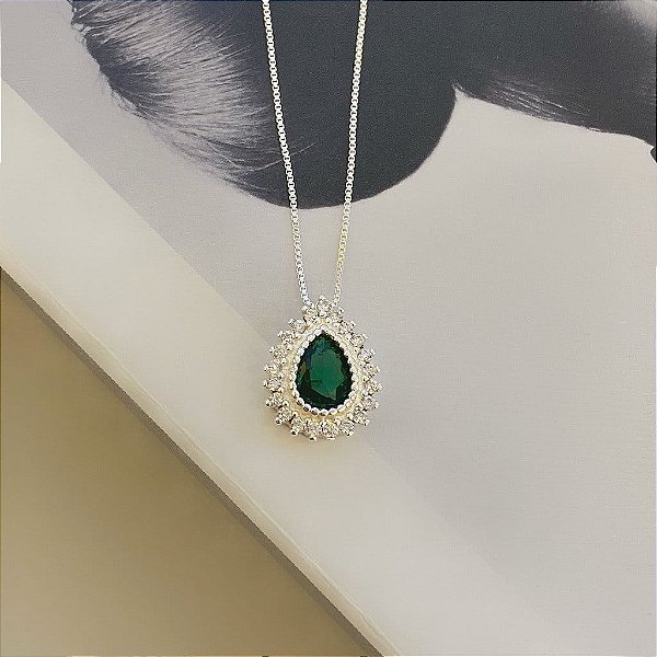 Colar Gota Zirconia Verde Borda Cristal Folheado a Prata 925