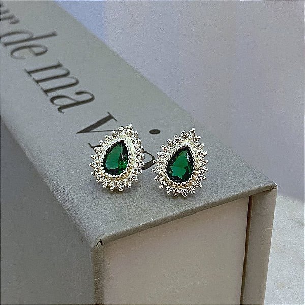 Brinco Gota Zirconia Verde Borda Cristal Folheado a Prata 925